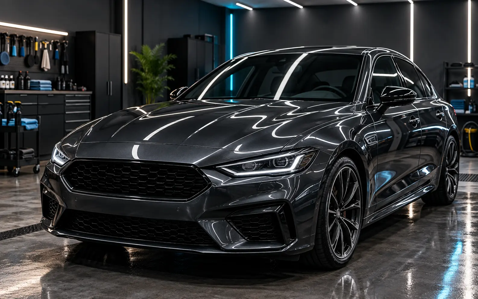 Automóvel escuro com acabamento brilhante em estúdio de estética automotiva